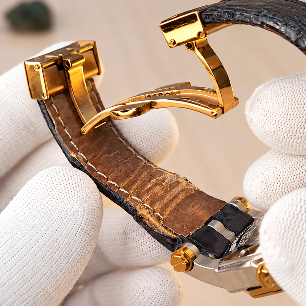 Alligator leather watch strap restoration close-up