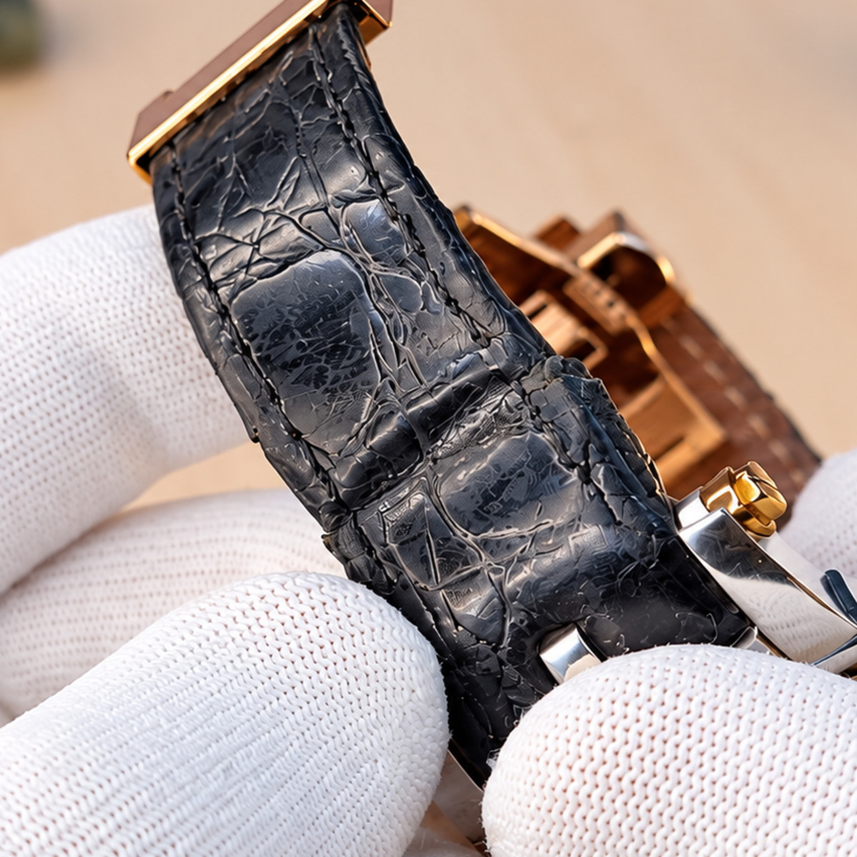 Creasing and cracking on the outer alligator leather.
