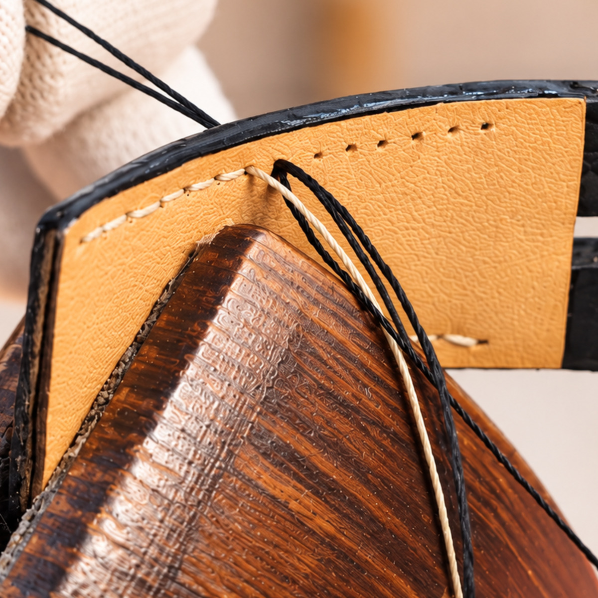 Hand stitching the new lining into the watch strap.