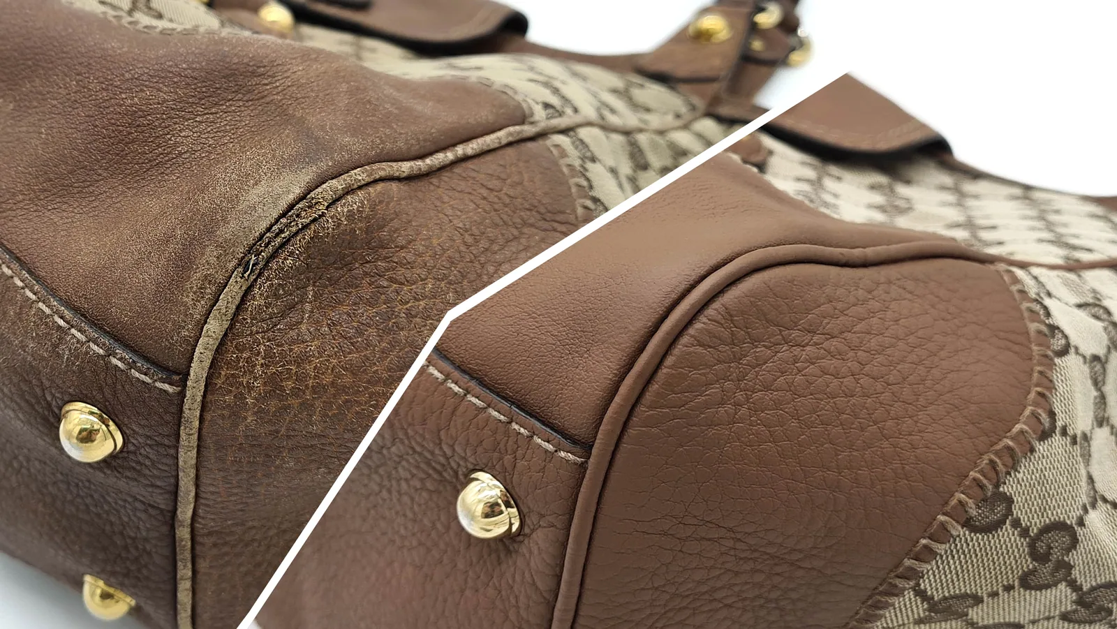 Mala de lona Gucci — Painéis de couro danificados reconstruídos