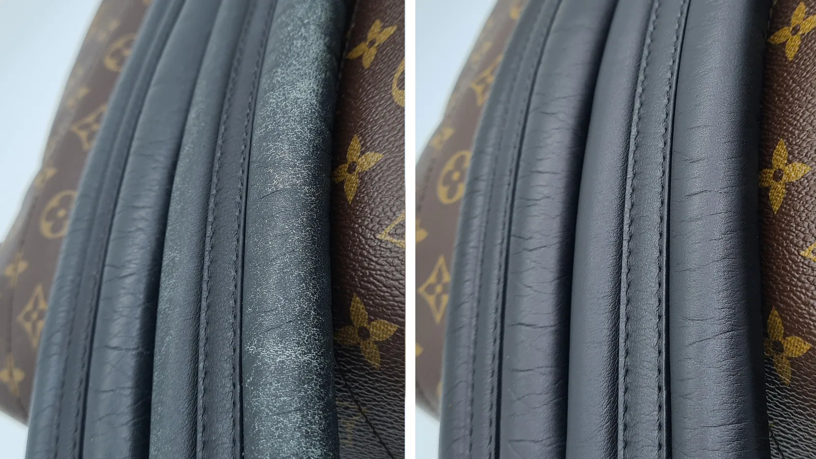 Louis-Vuitton-Lederbesatz — Dunkle Lederkeder und abgenutzte Oberfläche